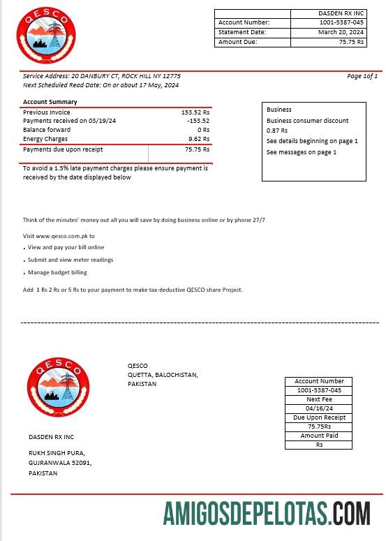 em branco Paquistão Quetta Electric Supply Company Modelo de conta de serviços públicos de eletricidade em formatos Word e PDF